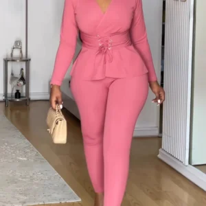Znaiml Pink 2 Piece Set Women Autumn Winter Work Wear V-neck Bandage Tops and Pencil Pants Suit Elegant Office Lady Outfits New