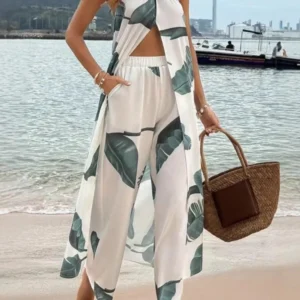 Fashion Women Two Pieces Sets New Summer Printed Slit Sexy Long Halter Neck Tops+straight Pants Casual Suit Female Chic Clothing