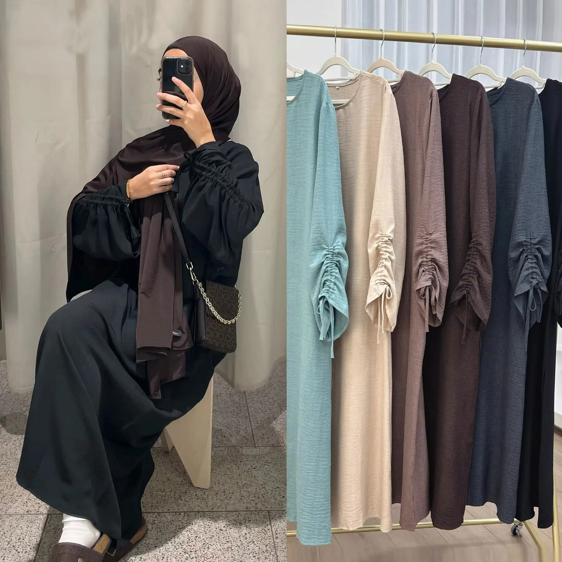 Eid Islamic Modest Dress for Women Abaya Lace-up Sleeve Morocco Casual Ramadan Vestidos Prayer Kaftan Dubai Muslim Long Robe