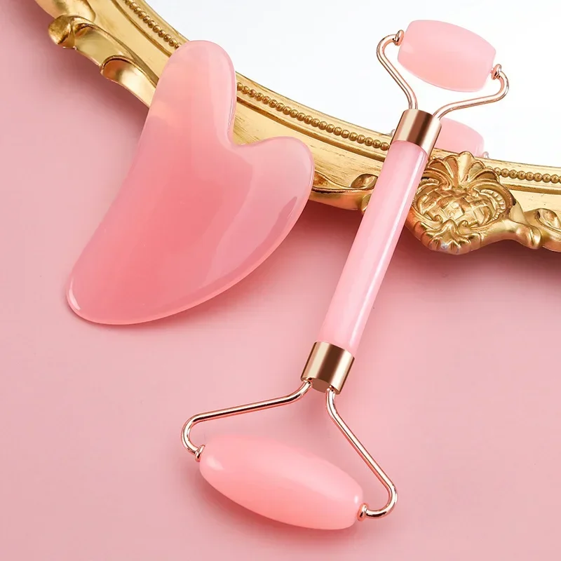 Natural Resin Jade Roller Gua Sha Scraper Set Double Chin Remover Facial Roller Pink Guasha Face Lift Massager Wrinkle Tools - Image 2