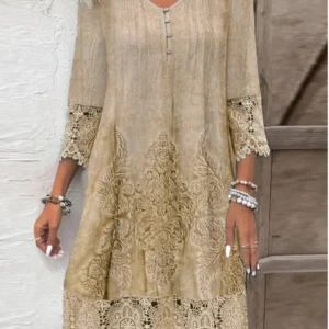 Button V-neck Short Sleeved Lace Printed Women's Dress Elegant Casual Fashionable High Street Spring Dresses