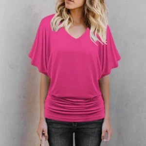 2024 New Summer Commuting Minimalist Loose Fit Plus Size Straight Tube Batwing Sleeve Solid V-neck Hem Folds Women's T-shirt Top