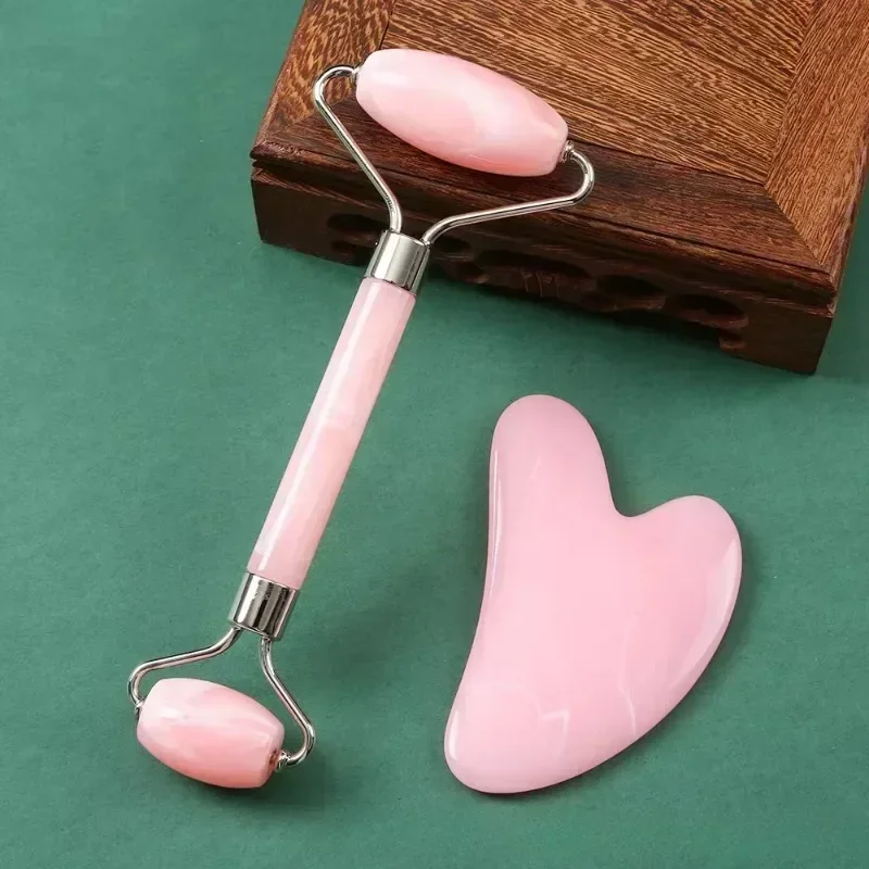 Natural Resin Jade Roller Gua Sha Scraper Set Double Chin Remover Facial Roller Pink Guasha Face Lift Massager Wrinkle Tools - Image 6