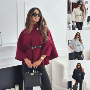 Women Single Buckle Batwing Sleeve Coat Autumn Winter Elegant Lady Tweed Waist Cinching Poncho Trend Thick Warm Loose Outwear
