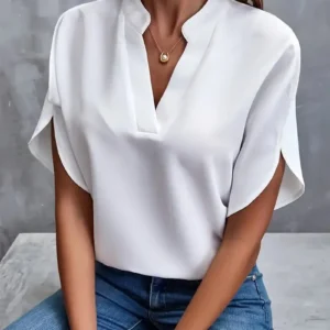 Summer Elegant Women's Blouse New V-neck Short Sleeve Solid Color Loose Shirt Casual White Tops Office Lady Blouses