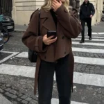 European and American women's clothing big lapel woolen sweater fashion short belt coat jacket