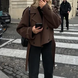 European and American women's clothing big lapel woolen sweater fashion short belt coat jacket