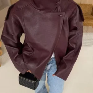 Black Asymmetry Buttons Leather Jackets Women Lapel Long Sleeve Warm Street Jacket 2025 Autumn Winter Lady Thick Outwear New