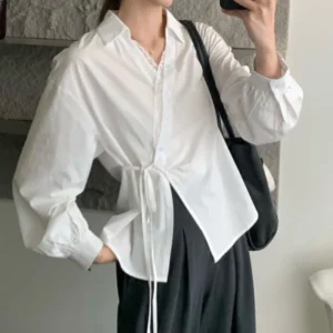 French Retro Lace Patchwork V-Neck Shirts Women Fashion Irregular Bandage Long Sleeve Shirt Woman Korean Design White Blouse
