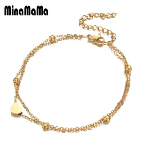 Stainless Steel Thin Beads Foot Chain Heart Anklet For Women Double Layer Anklet Sandals Bohemian Beach foot Jewelry