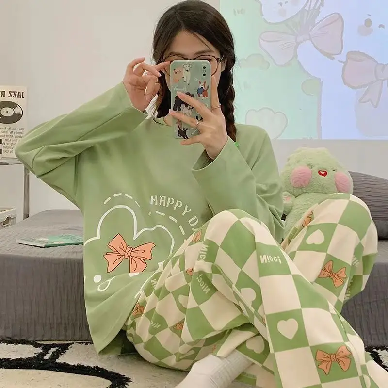 Spring and Autumn New Women's Pajamas Homewear Suit Girls Thin Section Long-Sleeved Students Big Yards Cartoon Loose Pajamas