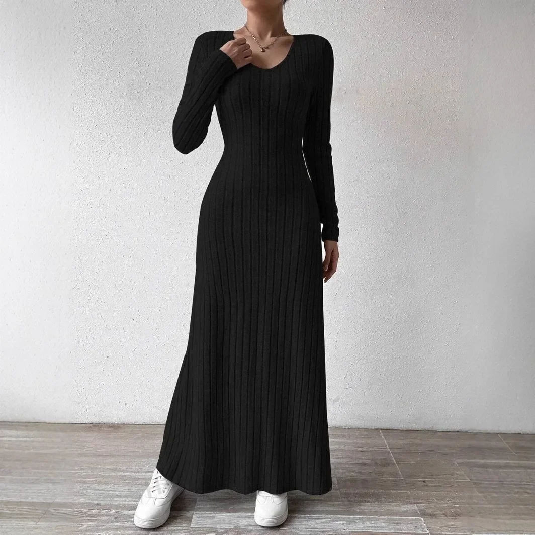 Fashionable Knitted Long Sleeve A- Line Streetwear Dress For Women Smooths And Slims Your Silhouette Solid Color Long Dress - Image 3
