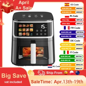 Patbrela Non-fat fryer 8L Large Hot Air Frye with Led Screen 11 Preset Functions Roast Bake Dehydrate Reheat Quiet Non-Stick