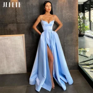 JEHETH Blue Sexy Sweetheart Satin Prom Party Dress Spaghetti Straps A Line Evening Dresses Long vestidos de festa Customized