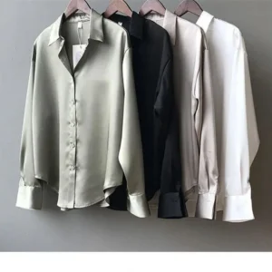 Spring Fashion Button Up Satin Silk Shirt Vintage Blouse Women White Tops Lady Long Sleeves Female Loose Street Shirts 11355