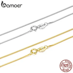 BAMOER Solid Gold Over 925 Sterling Silver Chain Necklace for Women Teens DIY, 0.8mm Box Chain Super Thin & Strong Basic Chain