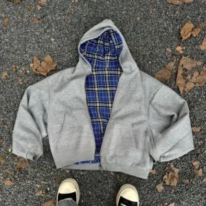 American Double-Sided Plaid Loose Zipper Hoodie Men Y2K New Harajuku Hip-Hop Gothic Couple Casual Joker Sweatshirt Street Wear