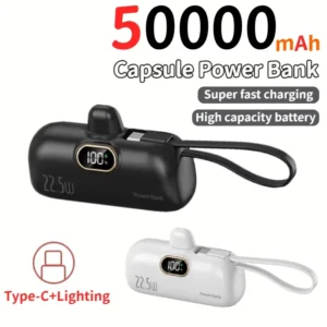 50000mAh Mini Capsule Power Bank 22.5W High Capacity Super Fast Charging External Battery for iPhone Huawei Samsung