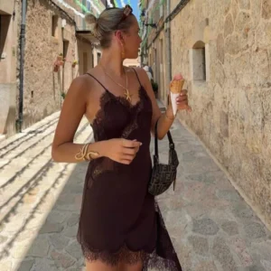 Women's Solid Lace Patchwork Irregular Sling Dress Sexy Sleeveless High Waist Mini Gown Chic 2025 Summer Holiday Party Club Robe