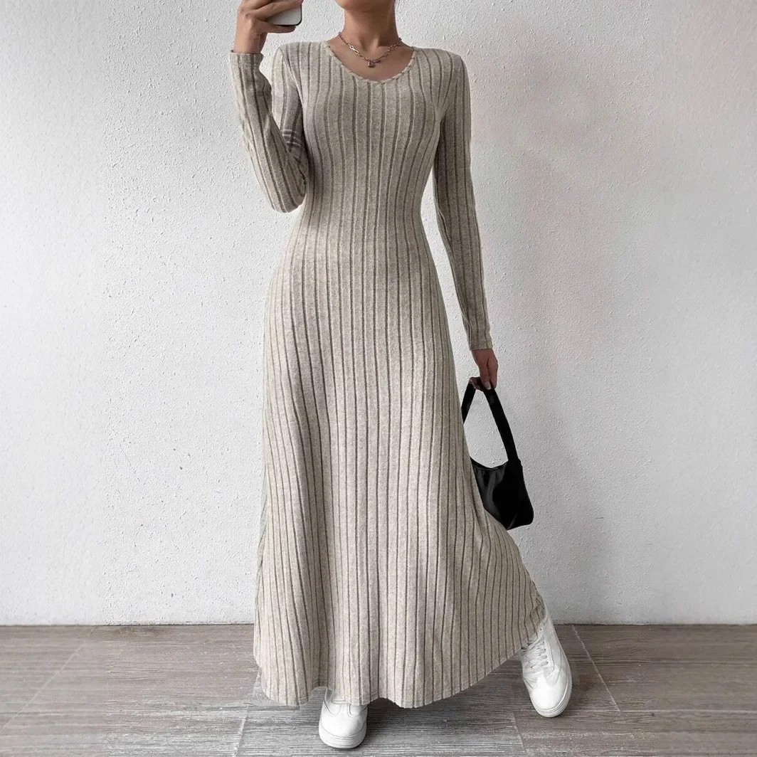 Fashionable Knitted Long Sleeve A- Line Streetwear Dress For Women Smooths And Slims Your Silhouette Solid Color Long Dress