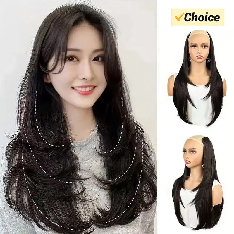 22/24Inch Synthetic V-shaped Layered 4 Clips Long Straight Hair Extension Fashion Invisible Hairpiece Wig for Women