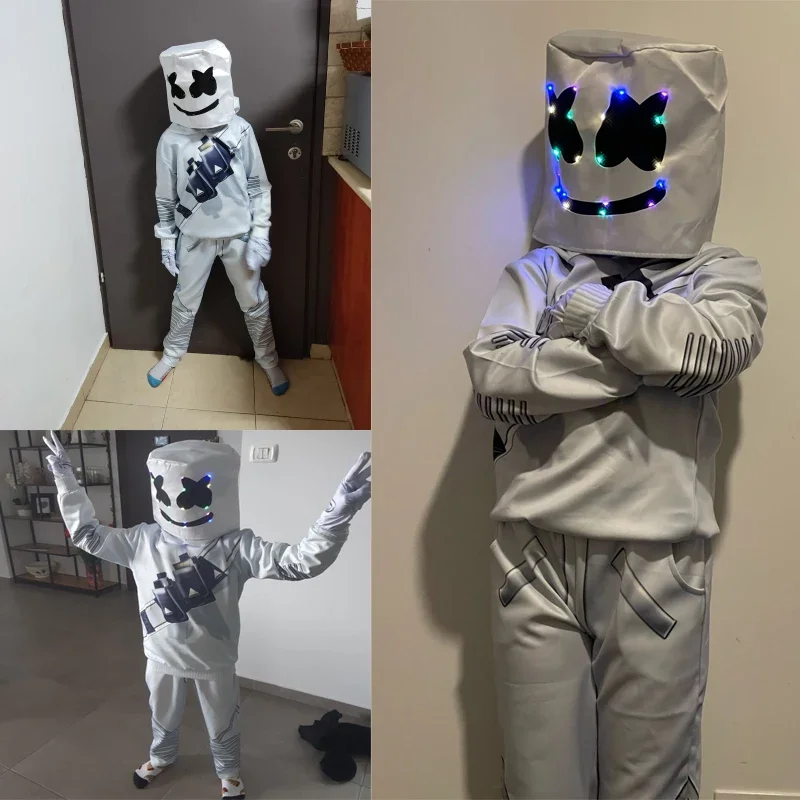 LED Marshmallow Boys Girls Mask For Dance Clown Cosplay Clothes Halloween Christmas Costume Party Game Fortnites Costumes Suit