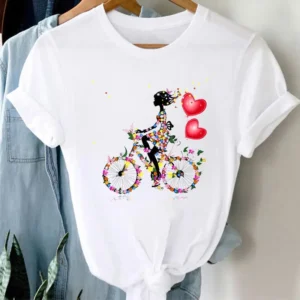 Fashion Women's T-shirt Floral Bicycle Print T-shirt Women's Cartoon Streetwear Tshirt Tops Aesthetic Clothes Oversized T Shirt