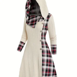Knitted hooded dress plaid print stitching fake buckle high waist long sleeve A-line dress female