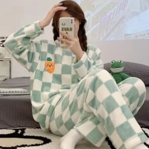 Warm Sleepwear for Winterthickened Plus Size Coral Velvet Pajamas Women Warm Long Sleeve Solid Color Plaid Trousers Home Suit Se