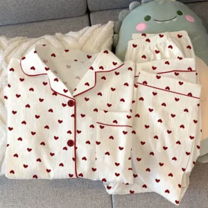 Spring and Autumn New Women's Pajamas Loungewear Set Girl Love Cardigan Pajamas Crinkled Fabric Loungewear Long Sleeve Set