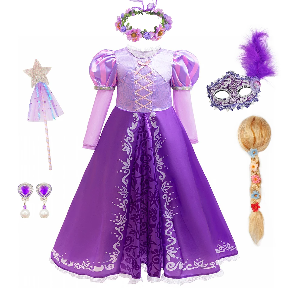 Disney Tangled Cosplay Princess Rapunzel Dress Kids Halloween Disguise Long Sleeves Costume Girls Birthday Carnival Party Outfit