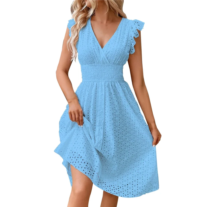 Summer Women V-Neck Beach Dress Flare Sleeve Solid Color Hollow Lace Waist Dress Casual Beach Holiday Dresses - Image 5