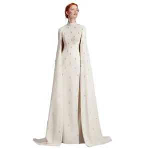 Luxury Formal Evening Dress Ivory Cape A Line High Collar Beading Wedding Party Dresses Long Elegant Women's Evening Gowns 2025