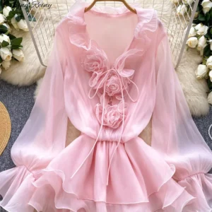 SINGREINY 3D Floral Beach Short Dress Female Long Sleeves Lace Up Ruffle Chiffon Cake Sundress Sheer Sexy Vintage Bohemian Dress