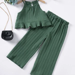 Girls Summer Beach Vacation Outfit Flattering Halter Cami Top with Ruched Detail + Flowy Wide Leg Pants Chic Girls Clothes Sets
