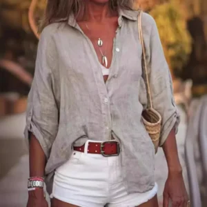 Women Cotton Linen Blouse Shirt Summer Female Turn Down Collar Three Quarter Loose Blouse Tops FYY-85