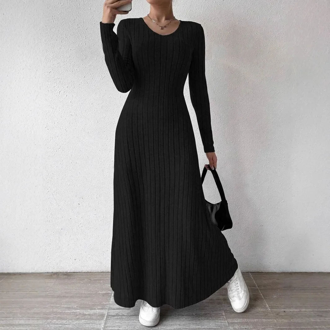 Fashionable Knitted Long Sleeve A- Line Streetwear Dress For Women Smooths And Slims Your Silhouette Solid Color Long Dress - Image 4
