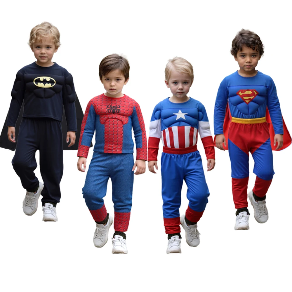 Spiderman Costume Spider-Man Muscle Suit Cosplay Superhero Avengers Boys Girls Long Sleeve Top Pant Cape Halloween Birthday Gift