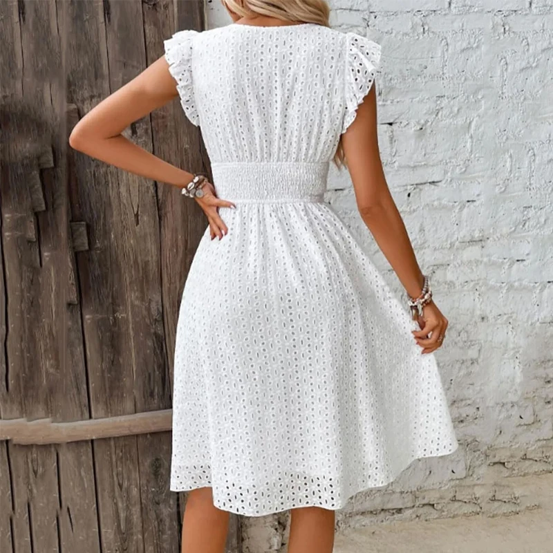 Summer Women V-Neck Beach Dress Flare Sleeve Solid Color Hollow Lace Waist Dress Casual Beach Holiday Dresses - Image 3