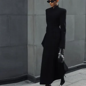 Women's Long Coats Side Placket Waist Cinching Shoulder Pad Woolen Jacket Street Female Lapel Slim Coat New Chic Lady Outerwears