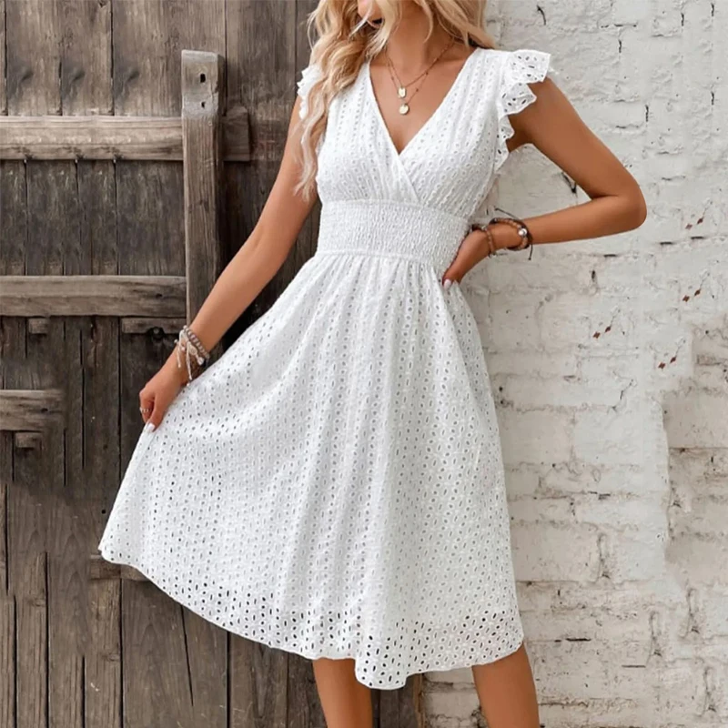 Summer Women V-Neck Beach Dress Flare Sleeve Solid Color Hollow Lace Waist Dress Casual Beach Holiday Dresses - Image 2