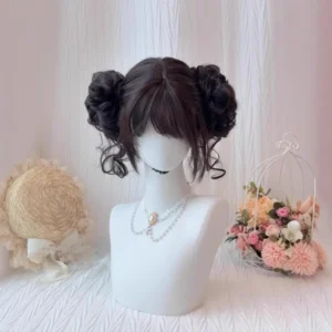 XuChang Short Straight Hair Wig Removable Lolita Flower Head Asian Synthetic Hair Cap for Women Doll-like Style Hairpiece