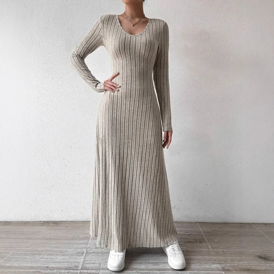 Fashionable Knitted Long Sleeve A- Line Streetwear Dress For Women Smooths And Slims Your Silhouette Solid Color Long Dress - Image 2