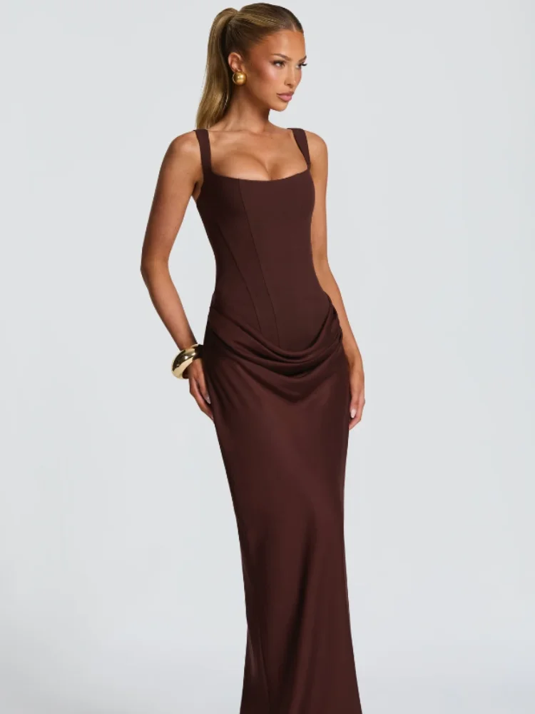 Women Solid Pleated Sling Dress Sexy Square Neck Sleeveless Off-shoulder Waist Cinching Slim Dresses Lady Evening Party Gowns