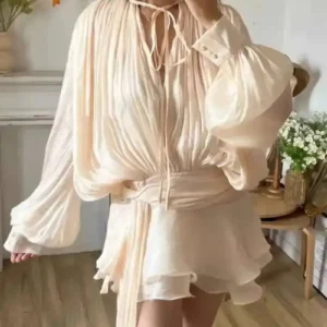 Beige Top Solid Blouse Mini Dresses For Women V Neck Long Sleeve Spliced Lace Up Sweet Style Dress Female Clothing Fashion P7WI