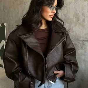 Casual Dark Red Zipper Leather Short Jackets Women Long Sleeve Lace Up Lapel Loose Button Coat Lady Daily High Street Wear 2026