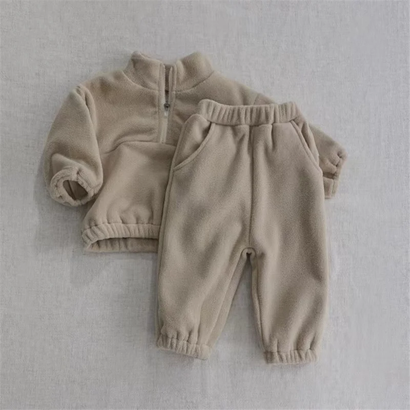 Kids Fleece Warm Set Winter Plus Velvet Outfits Long Sleeved Pullover Tops+Pants 2Pcs Autumn Children's Casual Clothing Suits - Image 2