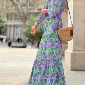 Women's Autumn New Fashionable Printed Sexy V-neck Long Sleeve High Waist Elastic Waist Medium Length Bohemian Dress