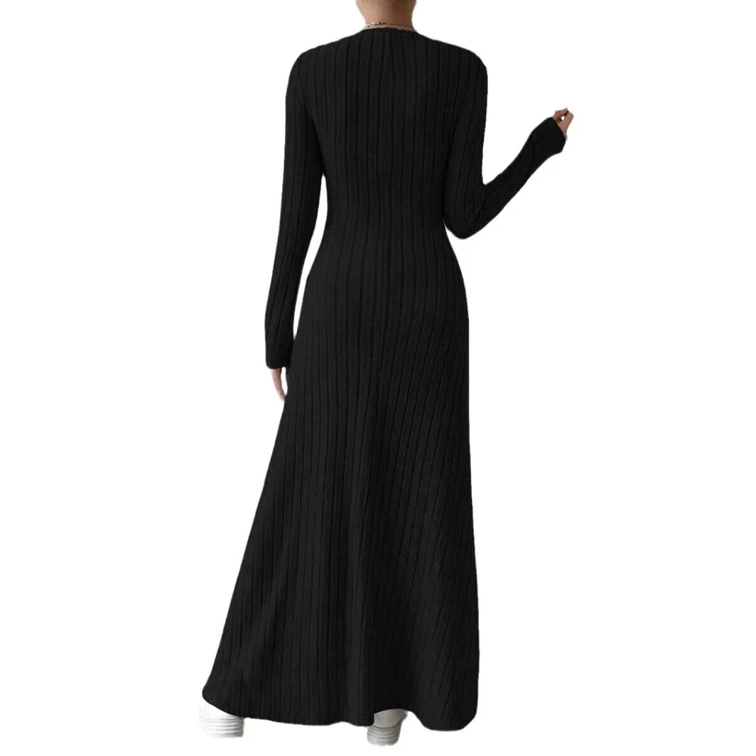 Fashionable Knitted Long Sleeve A- Line Streetwear Dress For Women Smooths And Slims Your Silhouette Solid Color Long Dress - Image 5